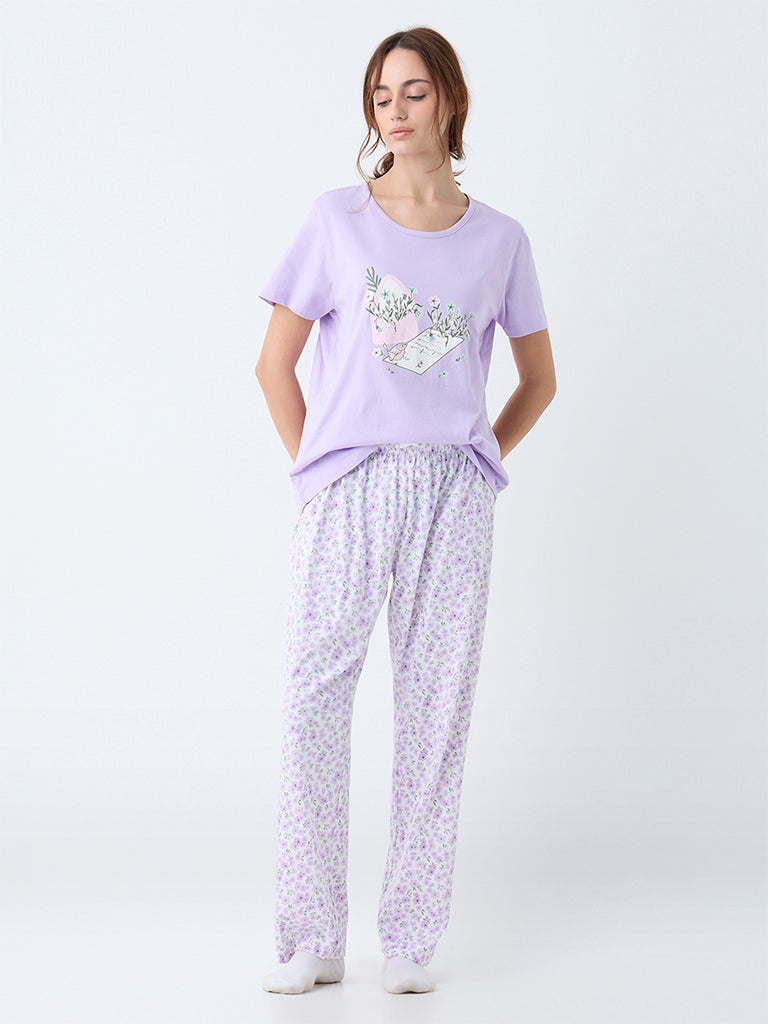 Wunderlove Lilac Printed Cotton Pyjama Set In A Bag