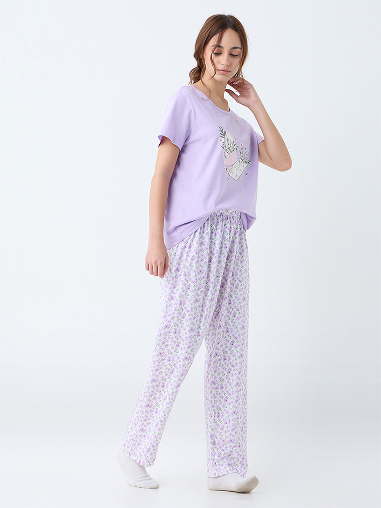 Wunderlove Lilac Printed Cotton Pyjama Set In A Bag