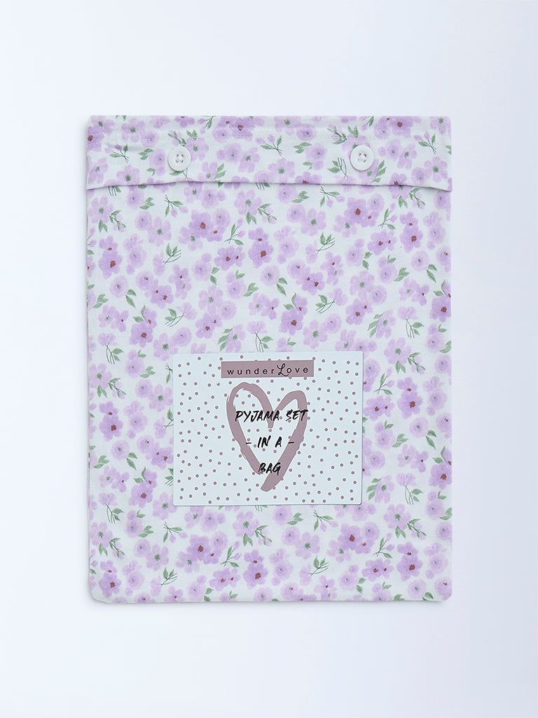 Wunderlove Lilac Printed Cotton Pyjama Set In A Bag