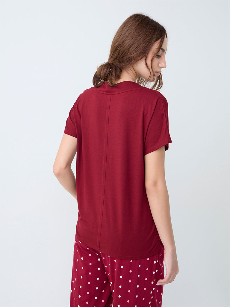 Wunderlove Maroon Solid V-Neck Top