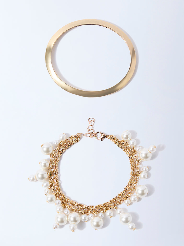 Westside Accessories Gold Bangle and Pearlescent Bracelets Set - Pack of 2