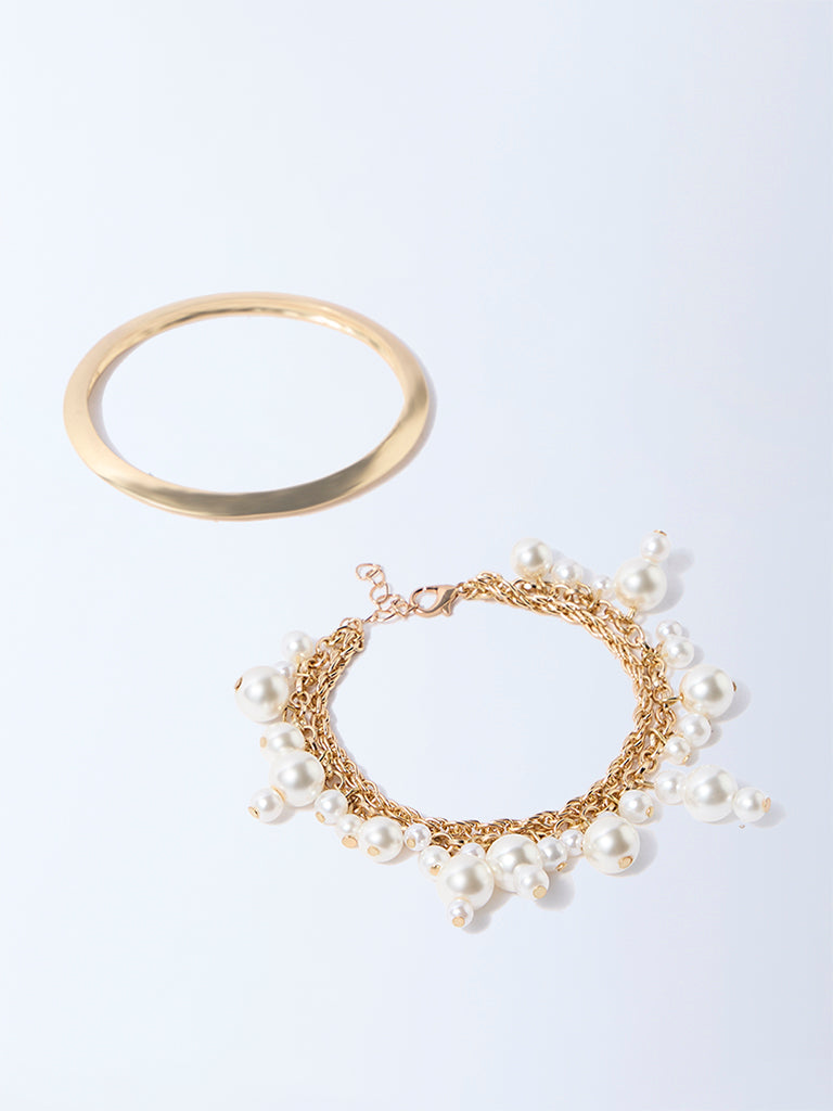 Westside Accessories Gold Bangle and Pearlescent Bracelets Set - Pack of 2
