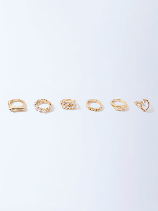 Westside Accessories Gold & White Pearl and Textured Rings Set - Pack of 6