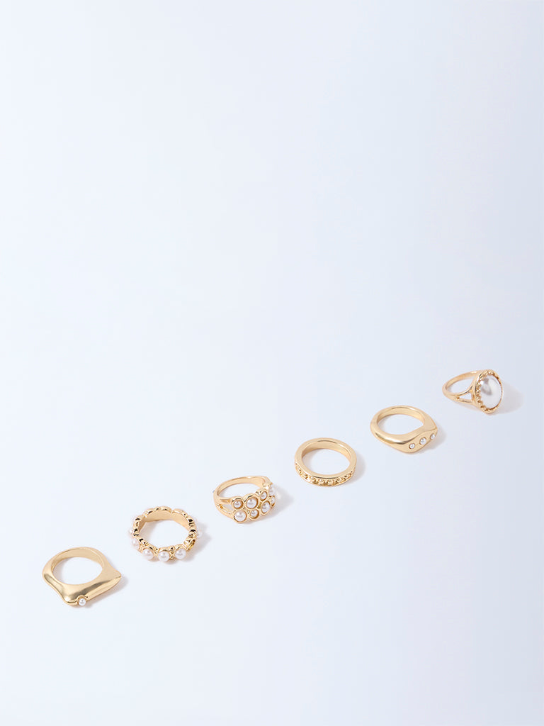 Westside Accessories Gold & White Pearl and Textured Rings Set - Pack of 6