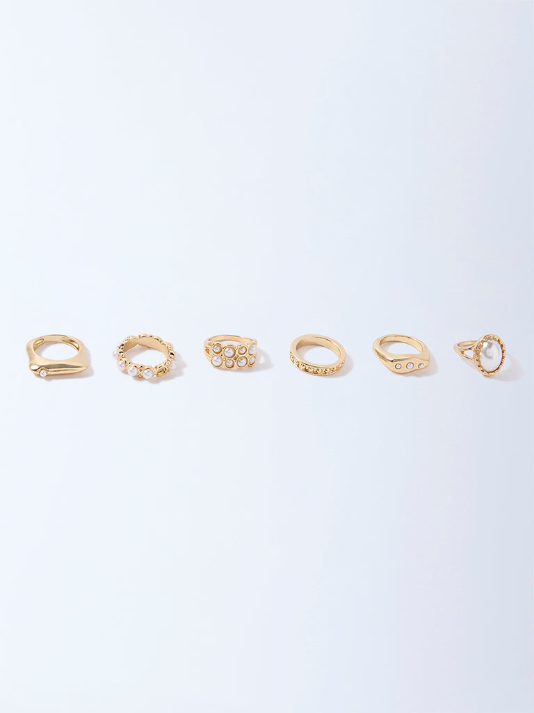 Westside Accessories Gold & White Pearl and Textured Rings Set - Pack of 6