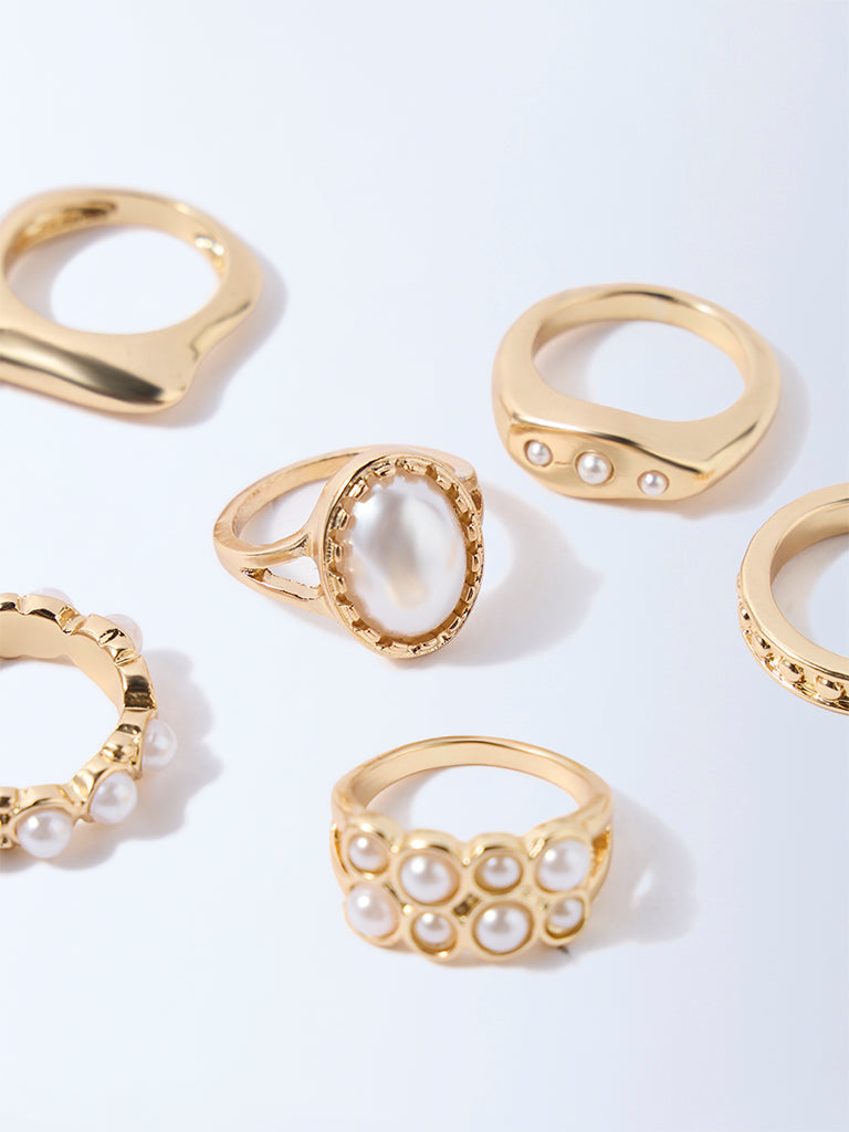 Westside Accessories Gold & White Pearl and Textured Rings Set - Pack of 6