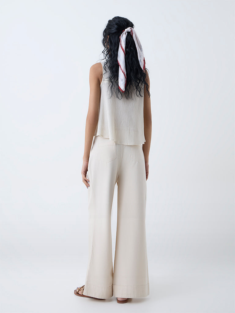 Bombay Paisley Off-White Wide-Leg Cotton Pants with Belt