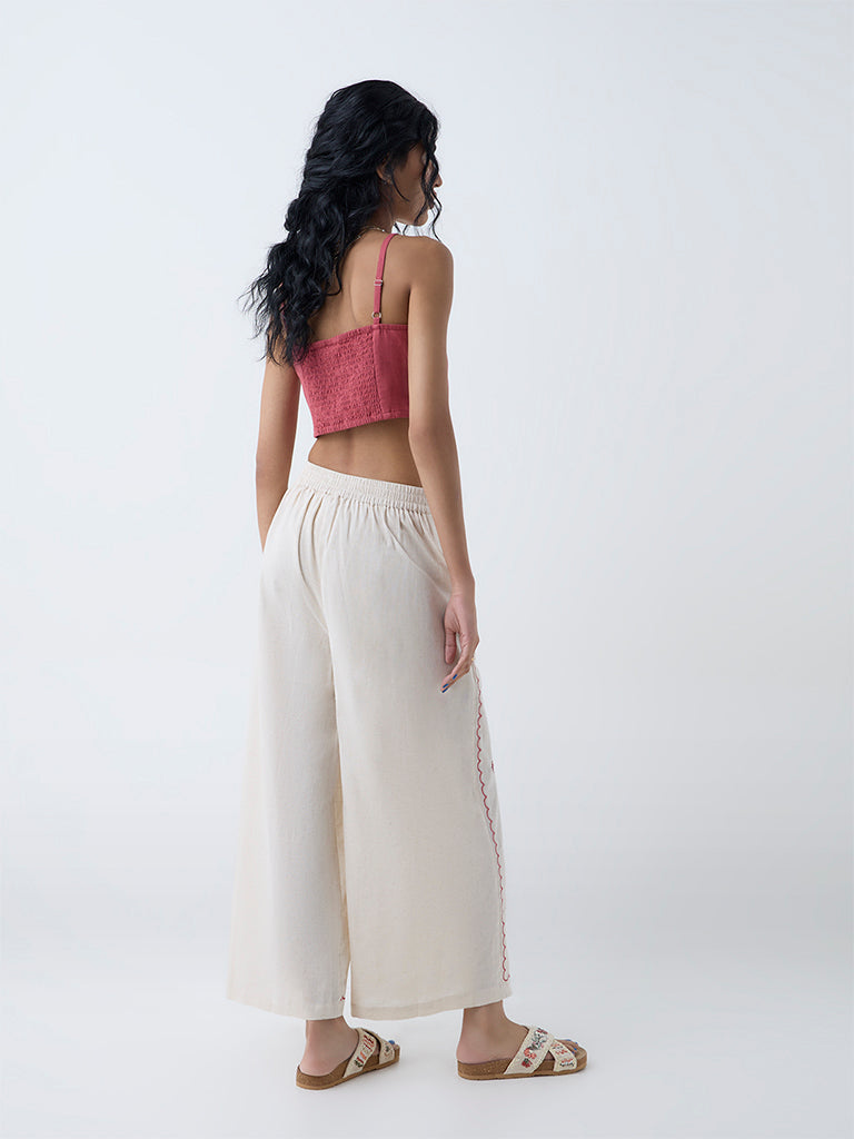 Bombay Paisley Off-White Embroidered Cotton-Blend Palazzos