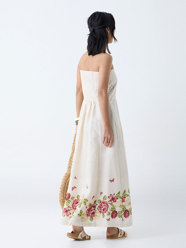 Bombay Paisley Off-White Floral Design Cotton Tube Dress