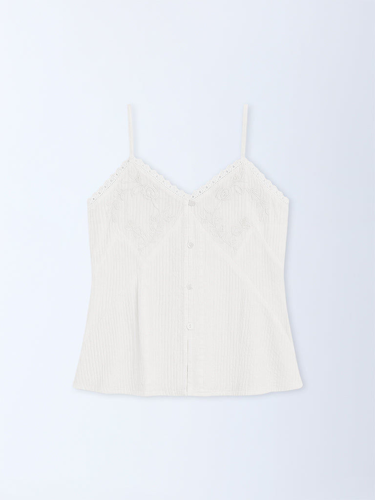 Bombay Paisley White Floral Embroidered Cotton Top