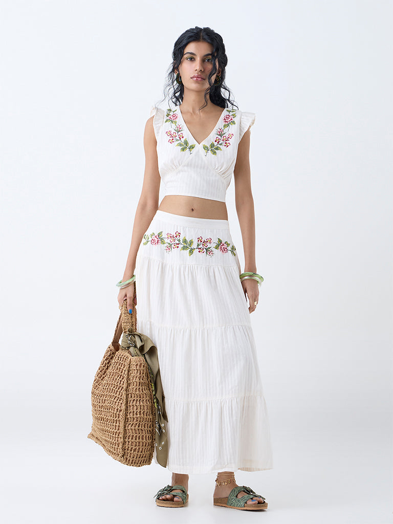 Bombay Paisley Off-White Embroidered Cotton Top