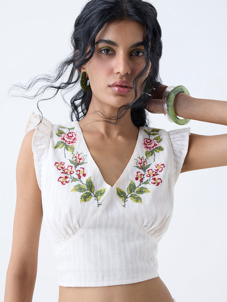 Bombay Paisley Off-White Embroidered Cotton Top