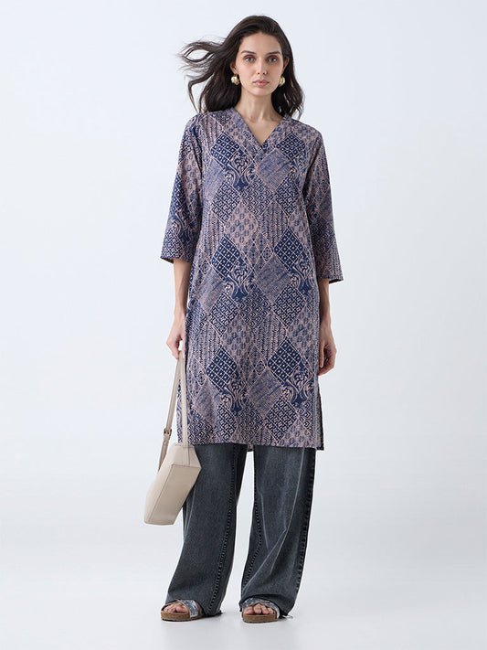 Utsa Indigo Printed Cotton Straight Kurta