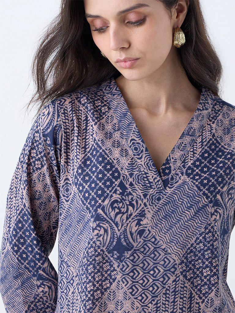 Utsa Indigo Printed Cotton Straight Kurta