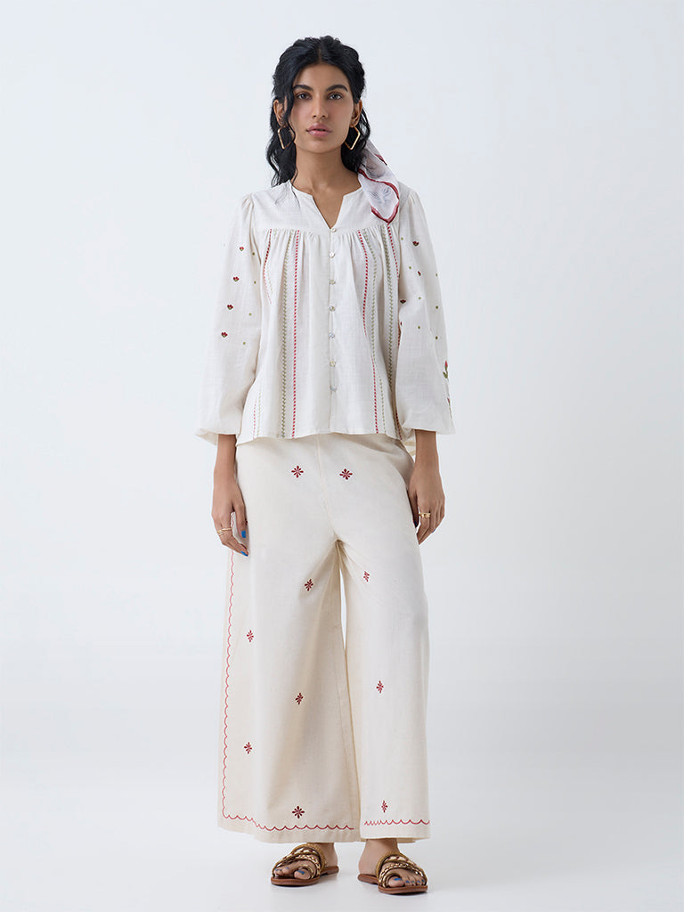 Bombay Paisley Off-White Embroidered Cotton Top