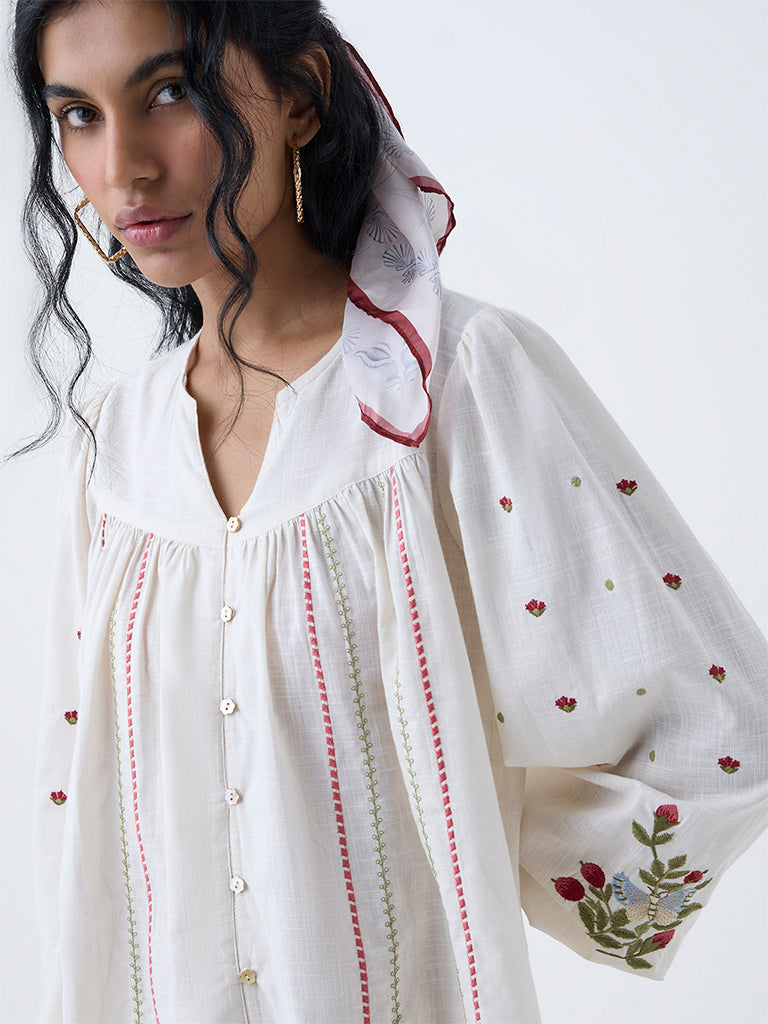 Bombay Paisley Off-White Embroidered Cotton Top