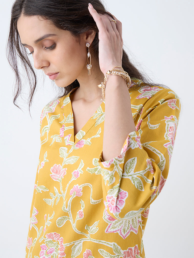 Utsa Mustard Floral Printed Cotton Straight Kurta