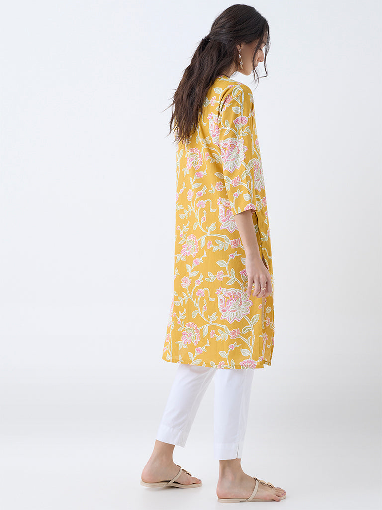Utsa Mustard Floral Printed Cotton Straight Kurta