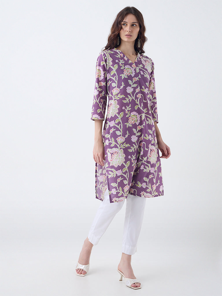Utsa Purple Floral Pattern Cotton Straight Kurta