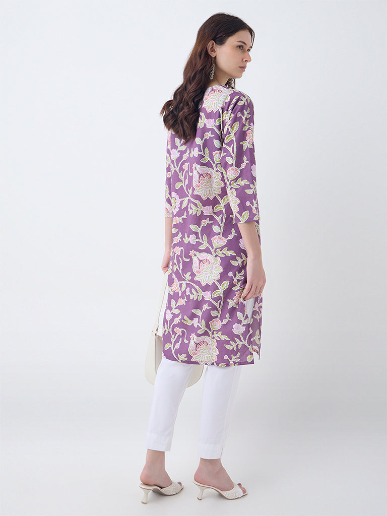 Utsa Purple Floral Pattern Cotton Straight Kurta