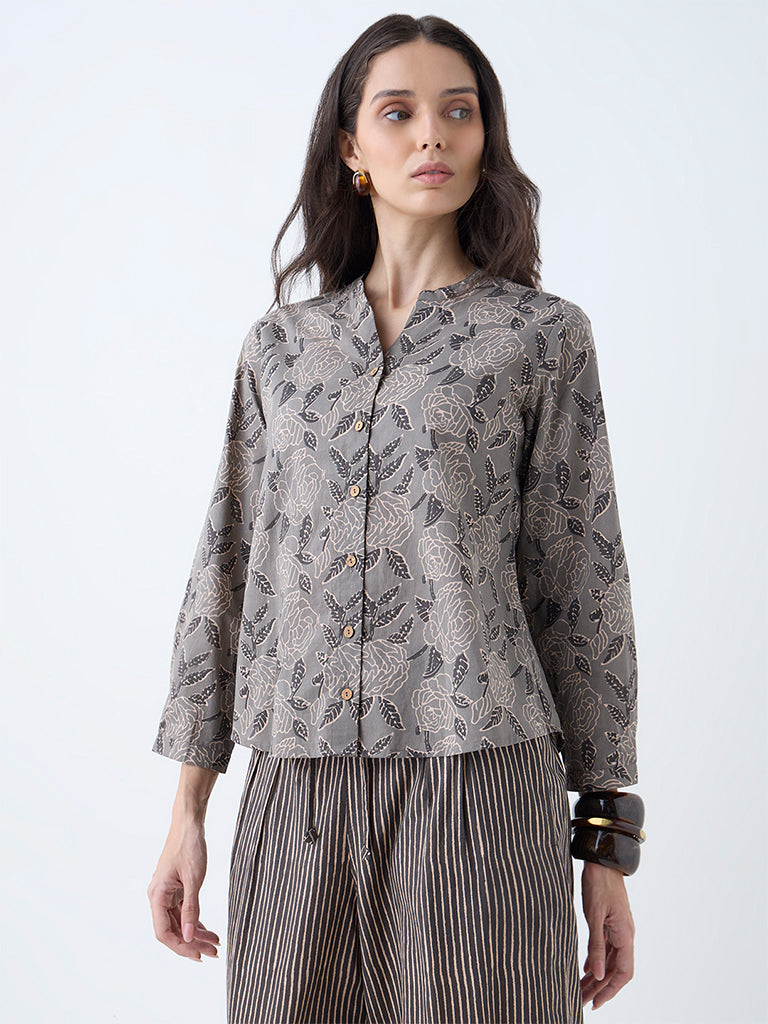 Utsa Charcoal Floral Design Cotton Tunic