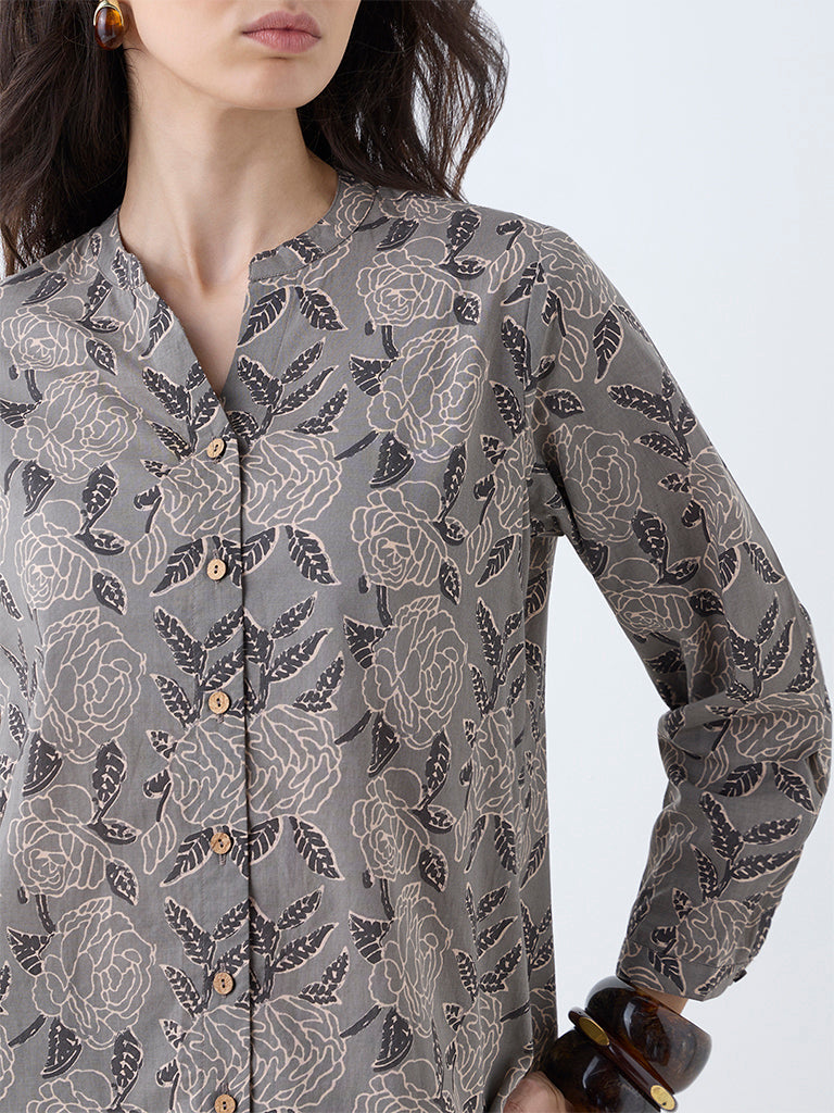 Utsa Charcoal Floral Design Cotton Tunic
