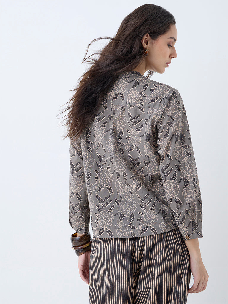 Utsa Charcoal Floral Design Cotton Tunic
