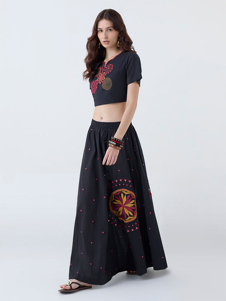 Utsa Black Embroidered Cotton Top