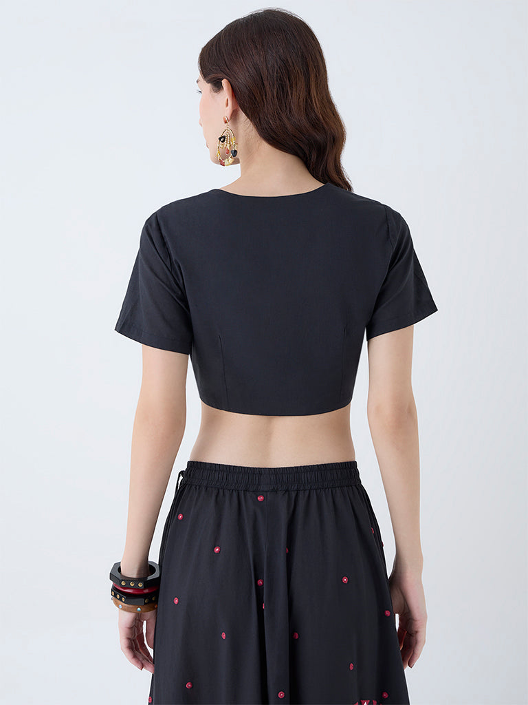 Utsa Black Embroidered Cotton Top