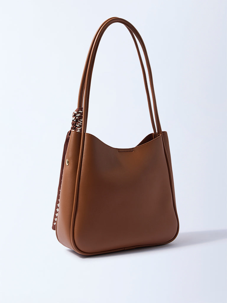 Westside Brown Solid Bucket Shoulder Bag with Scarf and Pouch