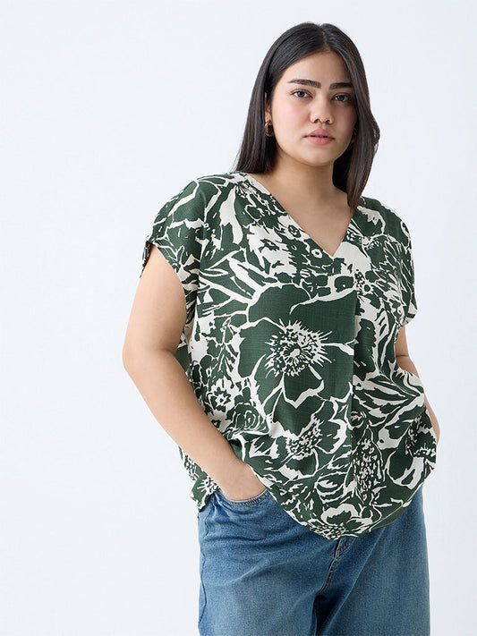 Gia Dark Green Botanical Pattern Top
