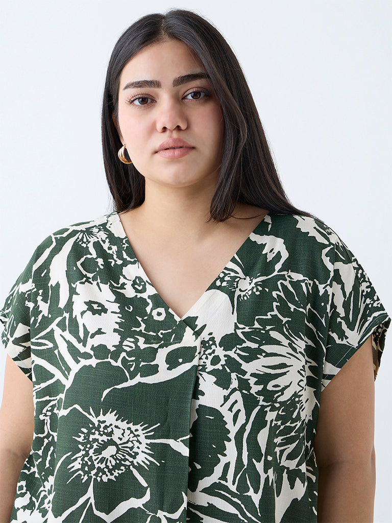 Gia Dark Green Botanical Pattern Top