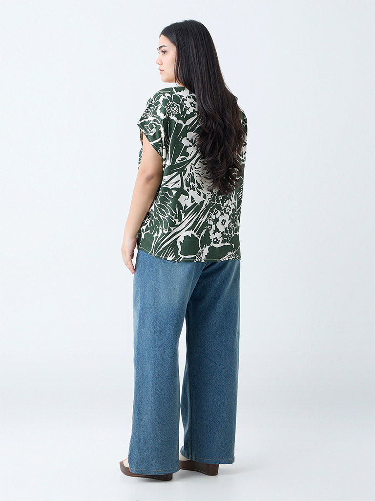 Gia Dark Green Botanical Pattern Top
