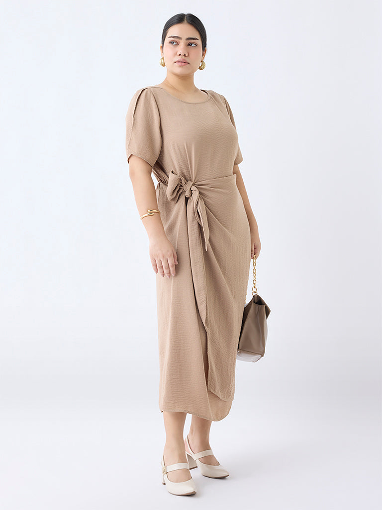 Gia Beige Knot-Detailed Straight Dress
