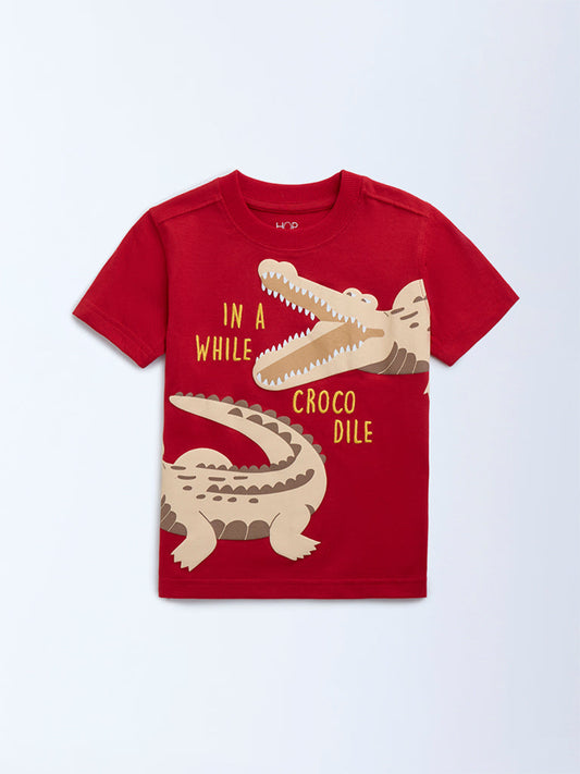 HOP Kids Red Animal Printed Cotton T-Shirt