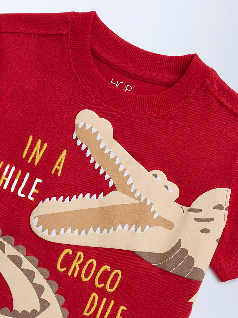 HOP Kids Red Animal Printed Cotton T-Shirt