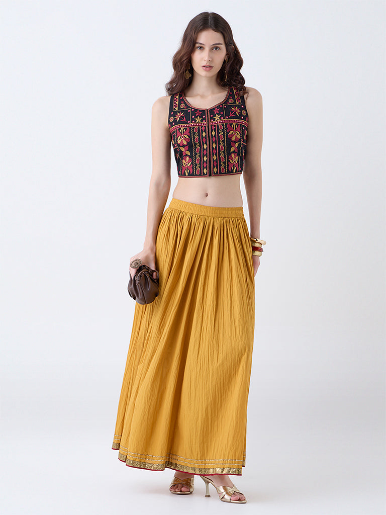 Utsa Black Embroidered Cotton-Blend Top