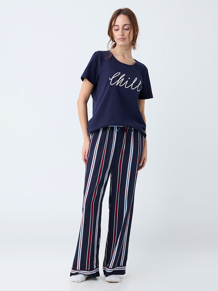 Wunderlove Navy Typographic Cotton T-Shirt