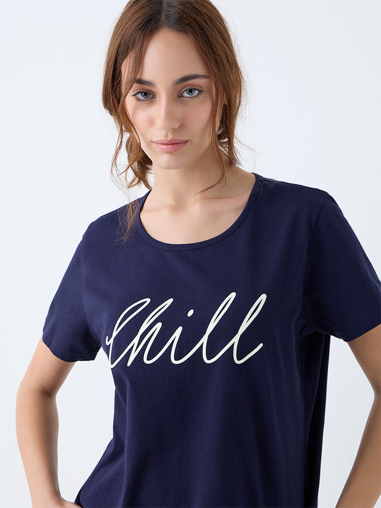 Wunderlove Navy Typographic Cotton T-Shirt