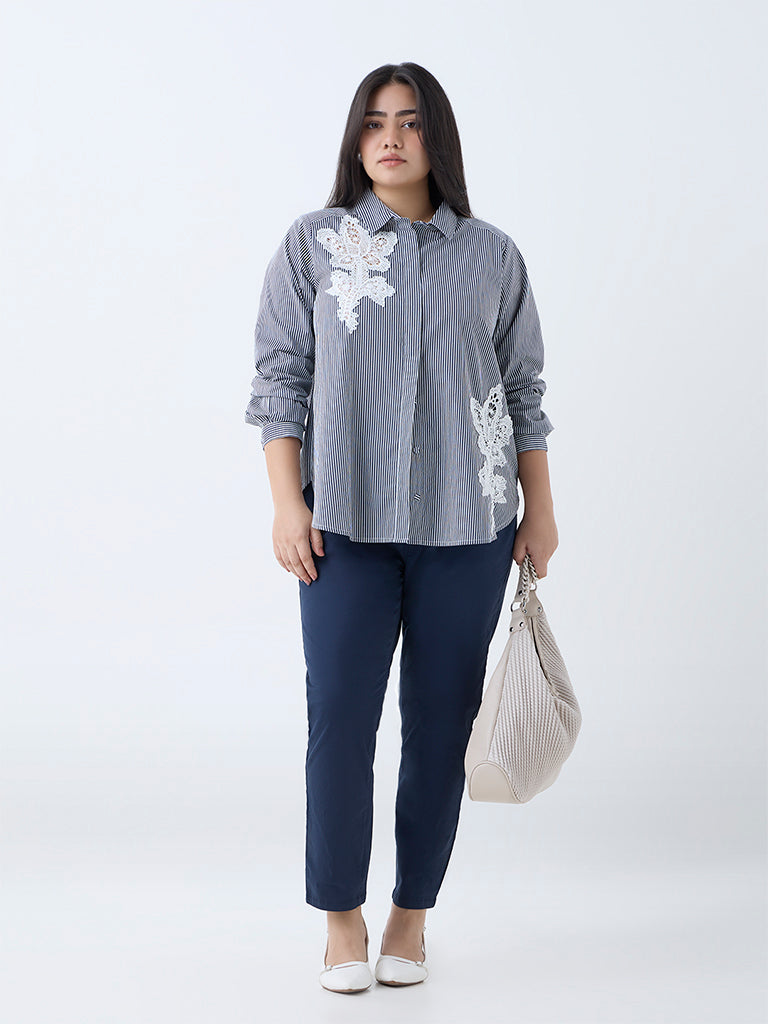 Gia Navy Striped Design Cotton Shirt