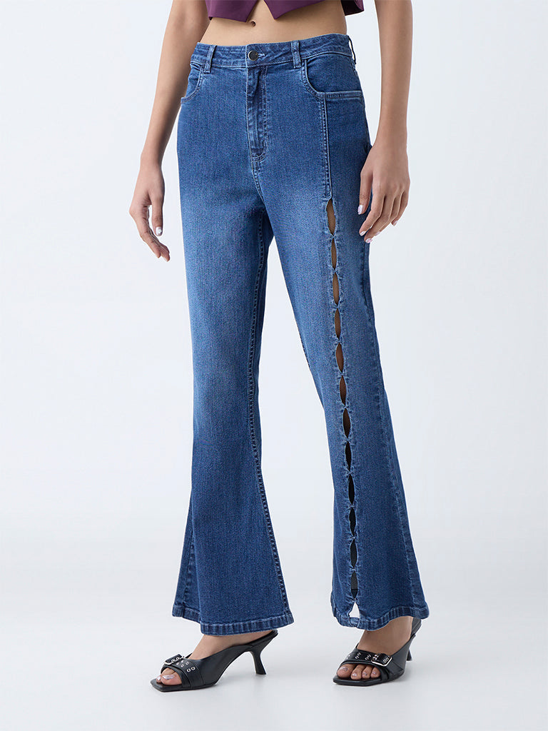 Nuon Blue Cut-Out Detailed Mid-Rise Bootcut Jeans