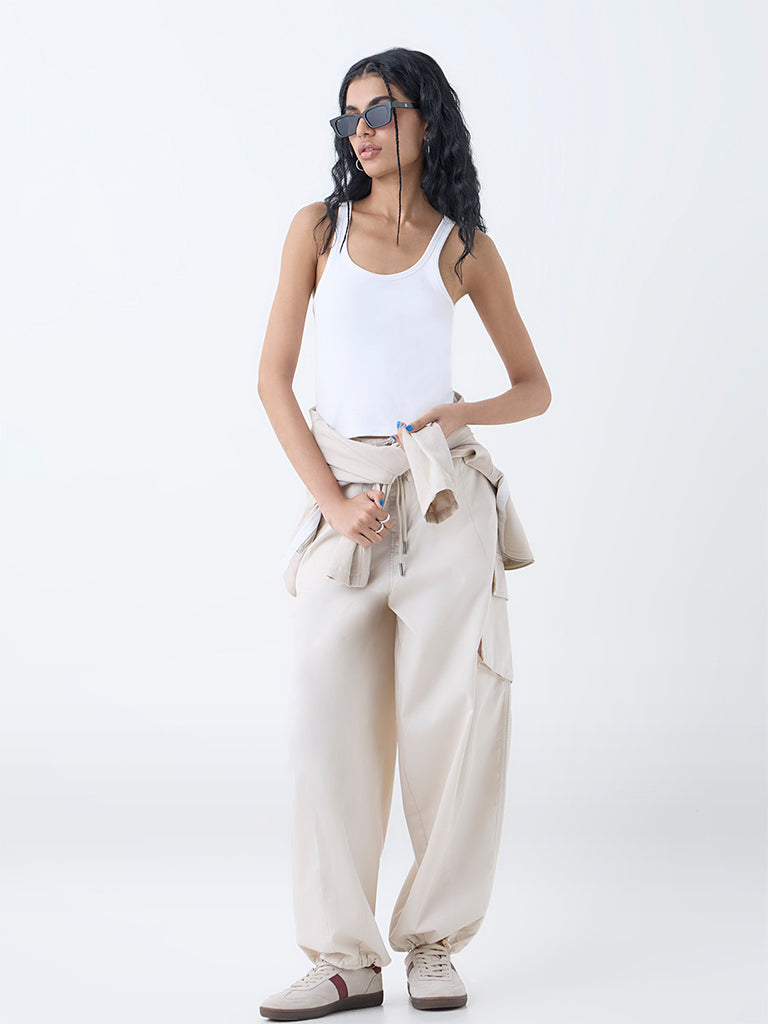 Nuon White Ribbed Cotton-Blend Tank Top
