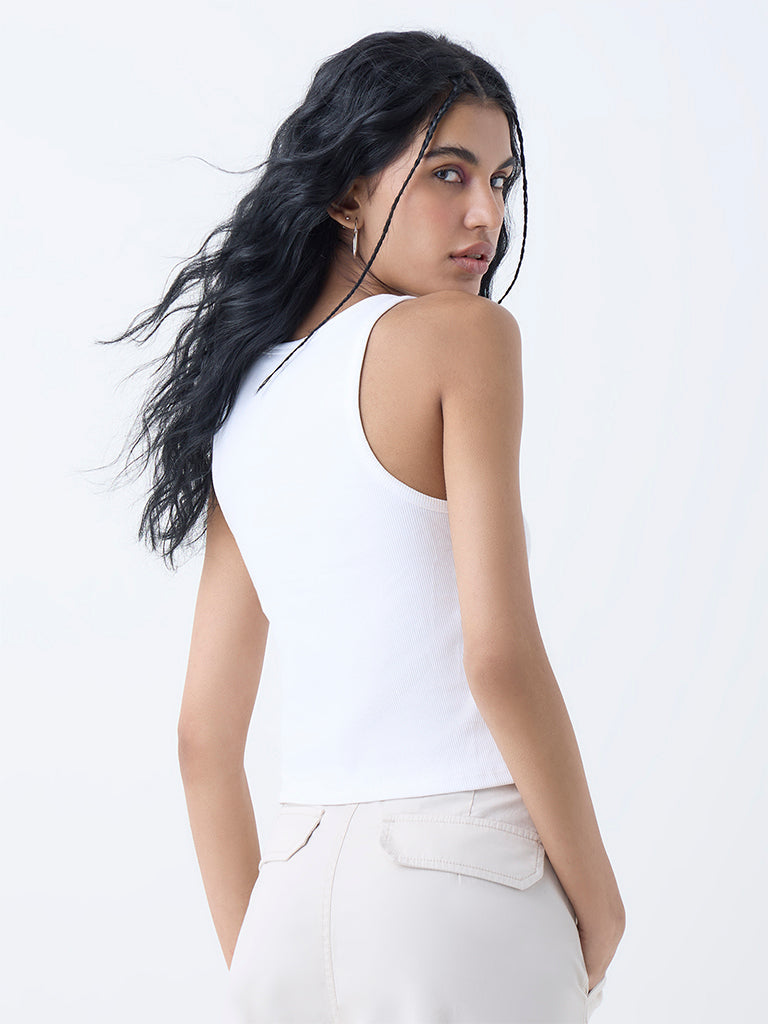 Nuon White Ribbed Cotton-Blend Tank Top