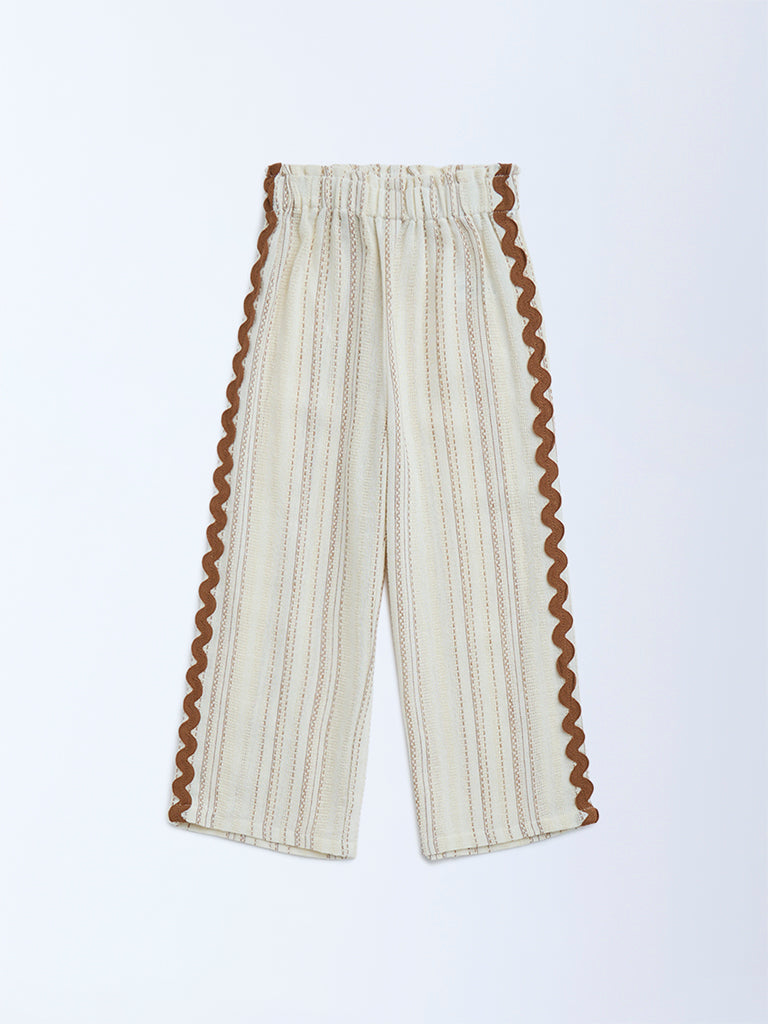 HOP Kids Cream Embroidered High-Rise Cotton Trousers