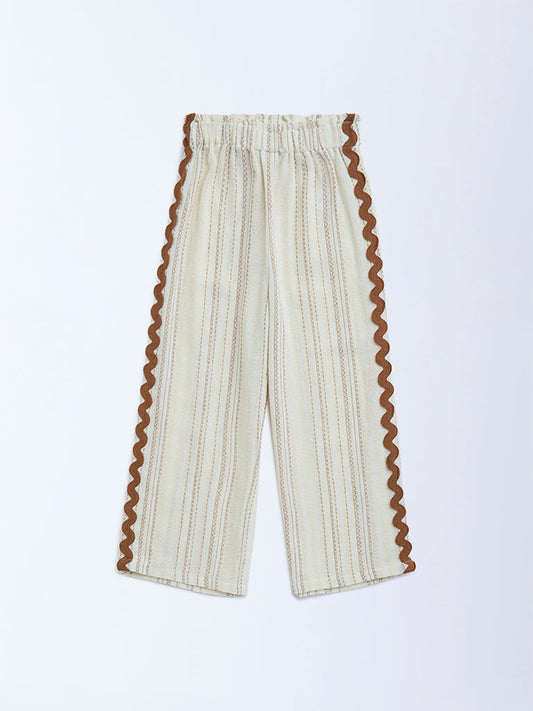 HOP Kids Cream Embroidered High-Rise Cotton Trousers