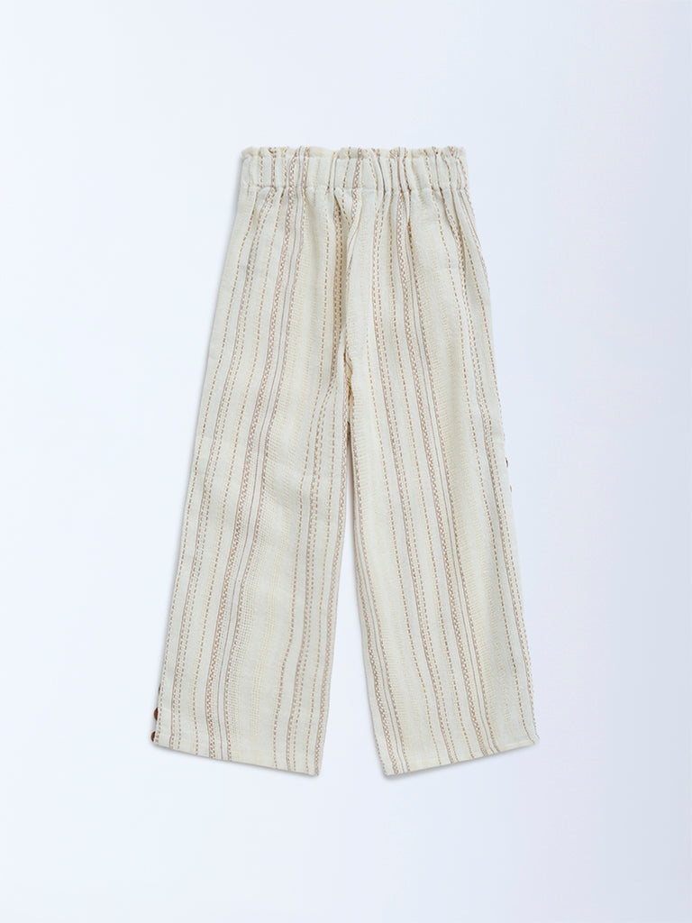 HOP Kids Cream Embroidered High-Rise Cotton Trousers