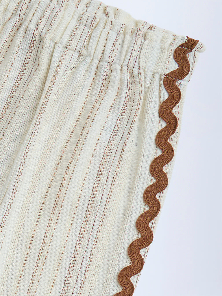 HOP Kids Cream Embroidered High-Rise Cotton Trousers