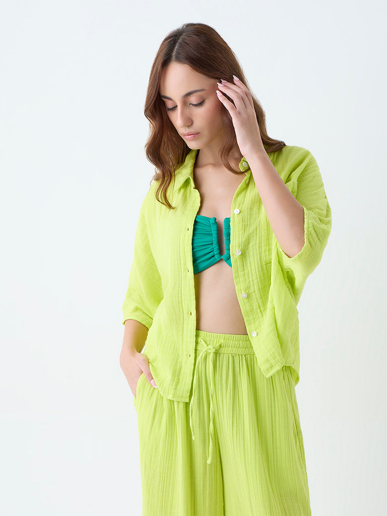 Wunderlove Lime Crinkle-Textured Cotton Beach Shirt
