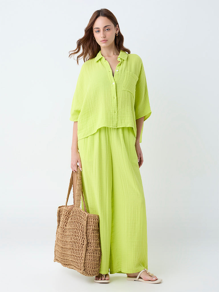 Wunderlove Lime Crinkle-Textured Cotton Beach Shirt