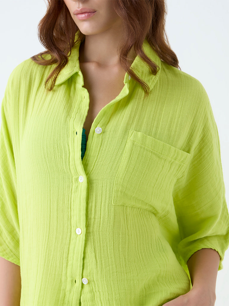 Wunderlove Lime Crinkle-Textured Cotton Beach Shirt